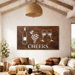 Cheers Wine and Grapes Metal Wall Art, Oversized Rustic Vineyard Decor, Optional LED, Wine Lover Gift