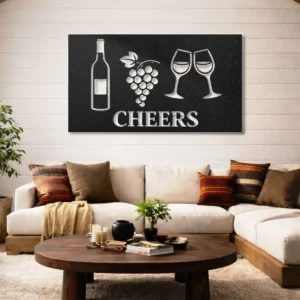Cheers Wine and Grapes Metal Wall Art, Oversized Rustic Vineyard Decor, Optional LED, Wine Lover Gift