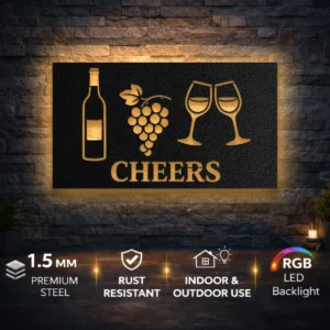 Cheers Wine and Grapes Metal Wall Art, Oversized Rustic Vineyard Decor, Optional LED, Wine Lover Gift