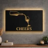 An oversized Cheers Wine Pour metal wall art with an optional LED backlight.