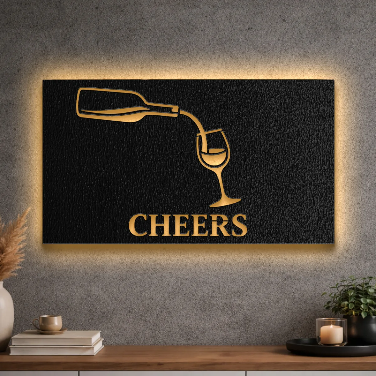 Cheers Wine Pour Metal Art Oversized Rustic Wine Glass Decor Bar Kitchen Wall Decor Optional LED Wine Lover Gift Fabia Home An oversized Cheers Wine Pour metal wall art with an optional LED backlight