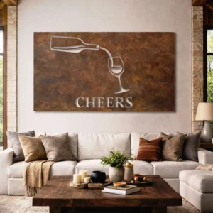 Cheers Wine Pour Metal Art, Oversized Rustic Wine Glass Decor, Bar Kitchen Wall Decor, Optional LED, Wine Lover Gift