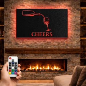 Cheers Wine Pour Metal Art, Oversized Rustic Wine Glass Decor, Bar Kitchen Wall Decor, Optional LED, Wine Lover Gift