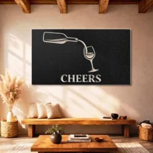 Cheers Wine Pour Metal Art, Oversized Rustic Wine Glass Decor, Bar Kitchen Wall Decor, Optional LED, Wine Lover Gift