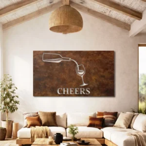 Cheers Wine Pour Metal Art, Oversized Rustic Wine Glass Decor, Bar Kitchen Wall Decor, Optional LED, Wine Lover Gift