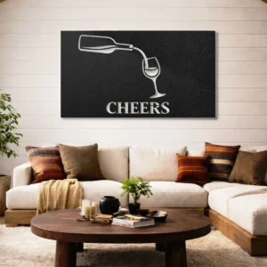 Cheers Wine Pour Metal Art, Oversized Rustic Wine Glass Decor, Bar Kitchen Wall Decor, Optional LED, Wine Lover Gift