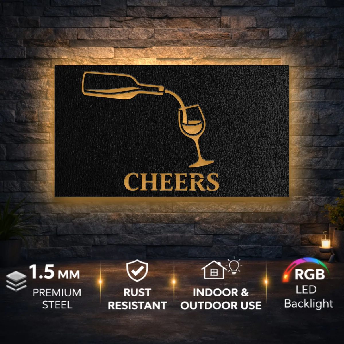 Cheers Wine Pour Metal Art Oversized Rustic Wine Glass Decor Bar Kitchen Wall Decor Optional LED Wine Lover Gift Fabia Home A beautiful oversized rustic wine sign creating a focal point in your living space