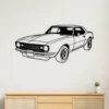 Black metal outline art of a 1967 Chevrolet Camaro on a white wall.
