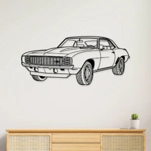 Black metal outline art of a Chevrolet Camaro Coupe.