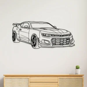 Black metal outline art of a Chevrolet Camaro ZL1 on a white wall