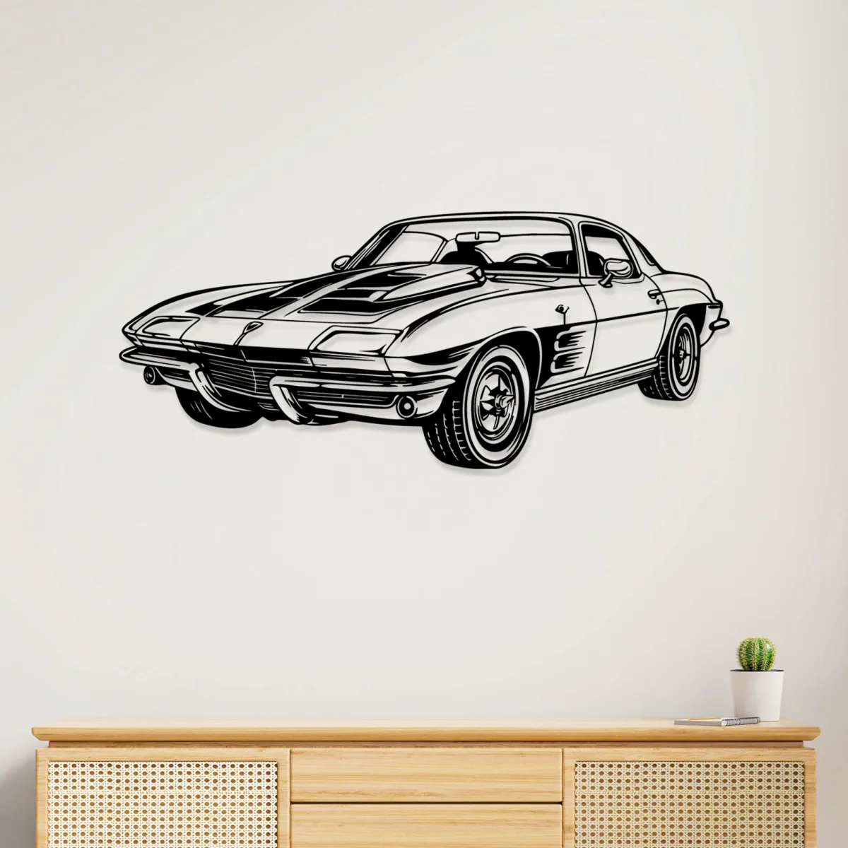 Black metal silhouette of a Chevrolet Corvette C2 wall art