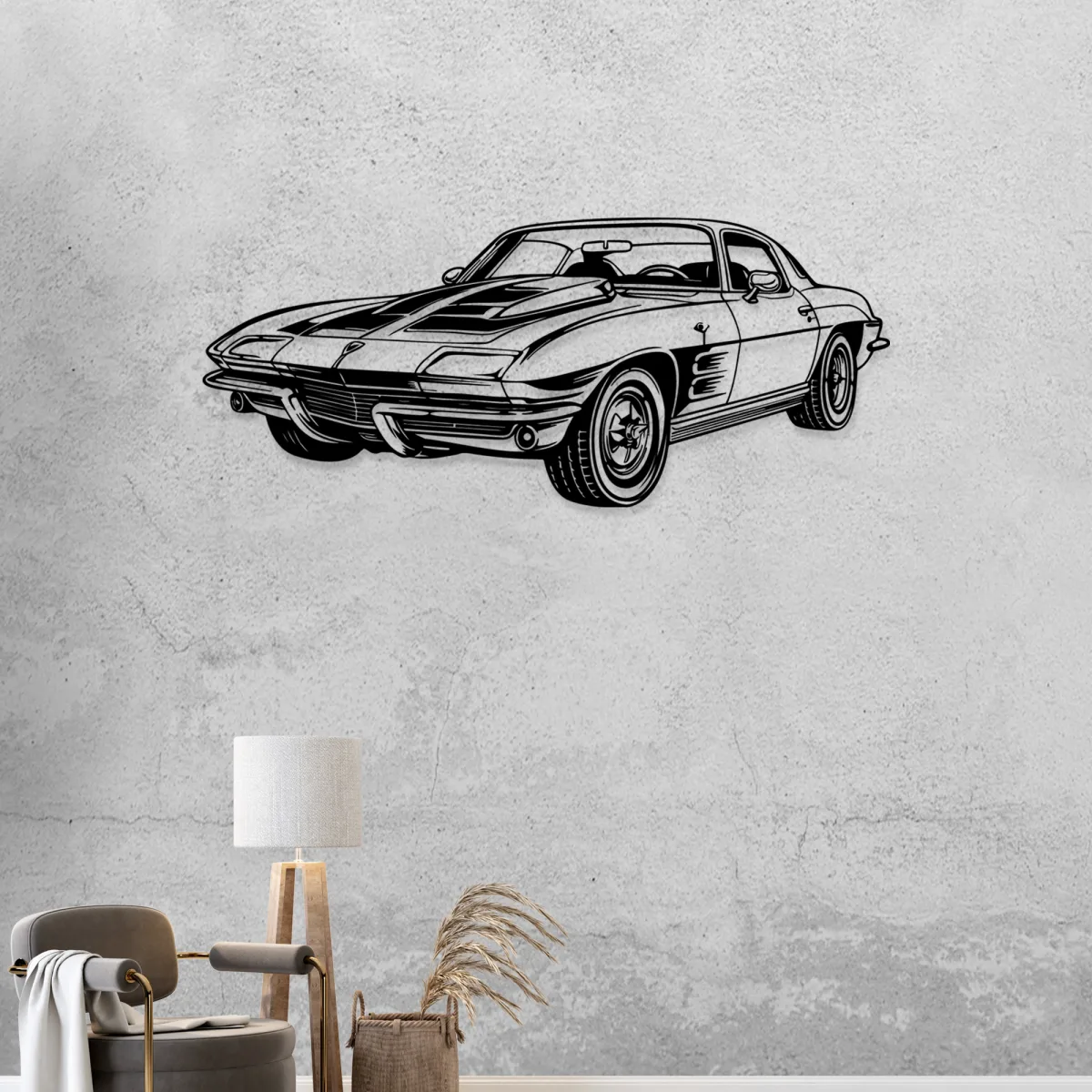 Elegant black Corvette C2 outline art on a white wall
