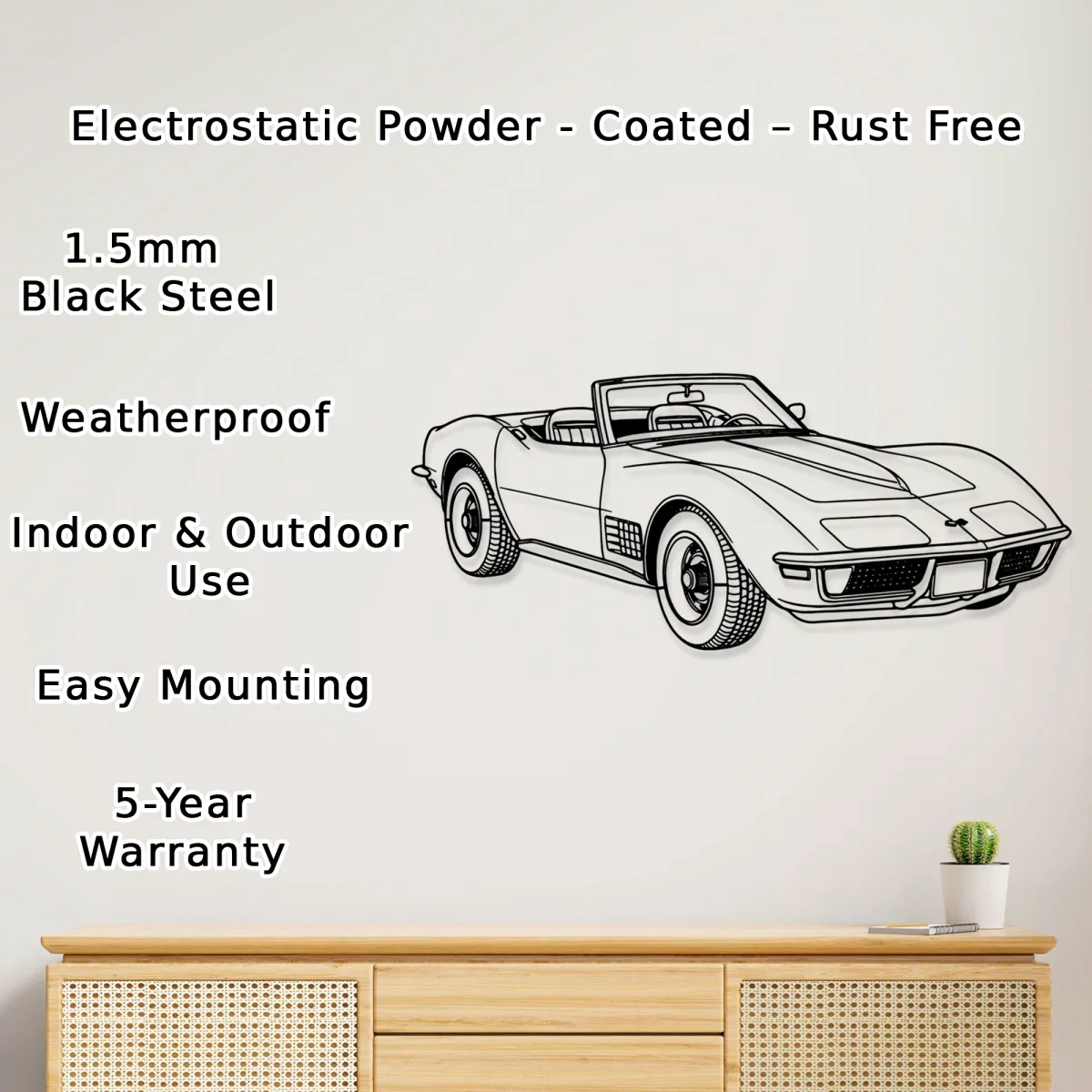 Automotive themed metal art depicting a C3 Corvette convertible