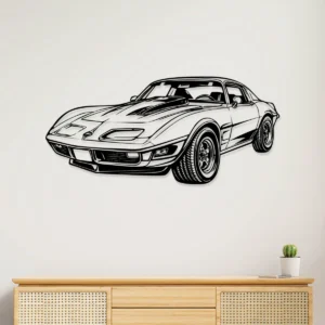 Black metal silhouette of a Chevrolet Corvette C3 wall art on a white wall.