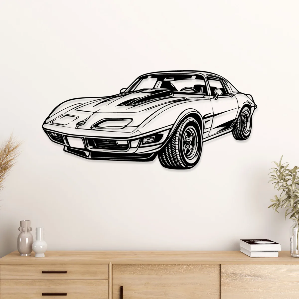 Detailed laser cut metal art depicting the iconic Chevrolet Corvette C3