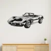 Black metal Chevrolet Corvette C3 wall art in a modern living room.