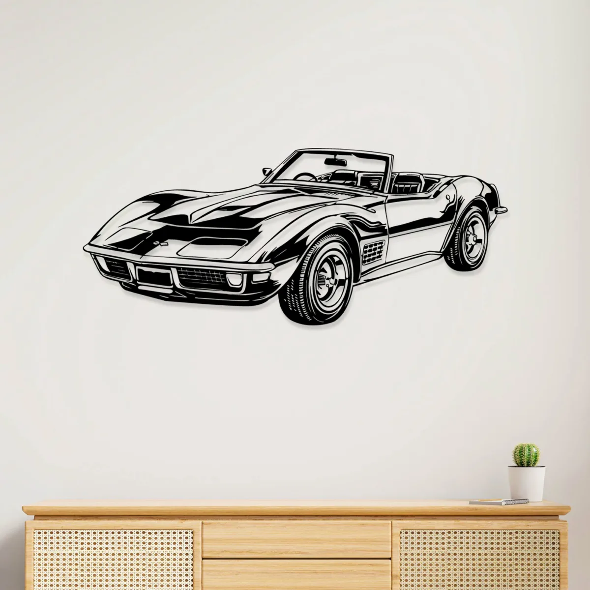 Black metal Chevrolet Corvette C3 wall art in a modern living room