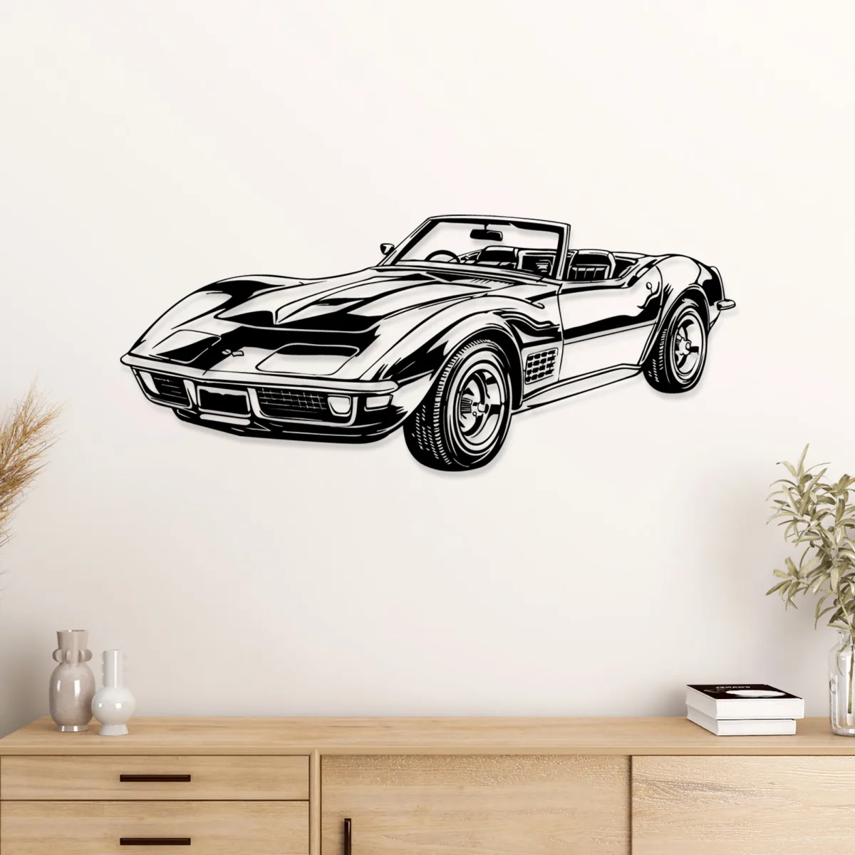 Detailed silhouette of a classic Corvette C3 convertible for garage decor