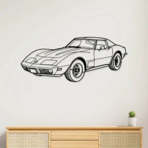 Black metal silhouette of a Chevrolet Corvette C3 on a white wall
