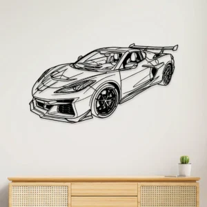 Black metal Chevrolet Corvette C8 ZR1 wall art with sharp lines.