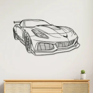 Black metal line art of Chevrolet Corvette ZR1 Coupe on white wall.