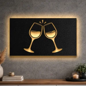 Large metal wall art featuring clinking wine glasses design.