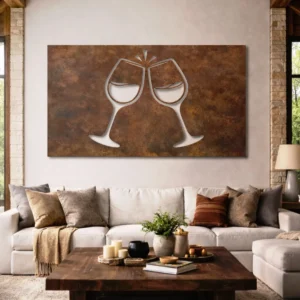 Clinking Wine Glasses Metal Wall Art, Oversized Rustic Bar Decor, Elegant Wine Sign, Optional LED Backlight, Wine Lover Gift