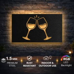 Clinking Wine Glasses Metal Wall Art, Oversized Rustic Bar Decor, Elegant Wine Sign, Optional LED Backlight, Wine Lover Gift