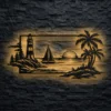 Large rustic coastal lighthouse metal art with a sailboat and palm trees.