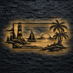 Large rustic coastal lighthouse metal art with a sailboat and palm trees
