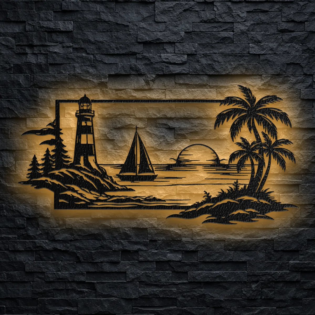Coastal Lighthouse Sunset Metal Art Oversized Rustic Nautical Beach Decor Optional RGB LED Ocean Lover Gift Fabia Home Large rustic coastal lighthouse metal art with a sailboat and palm trees