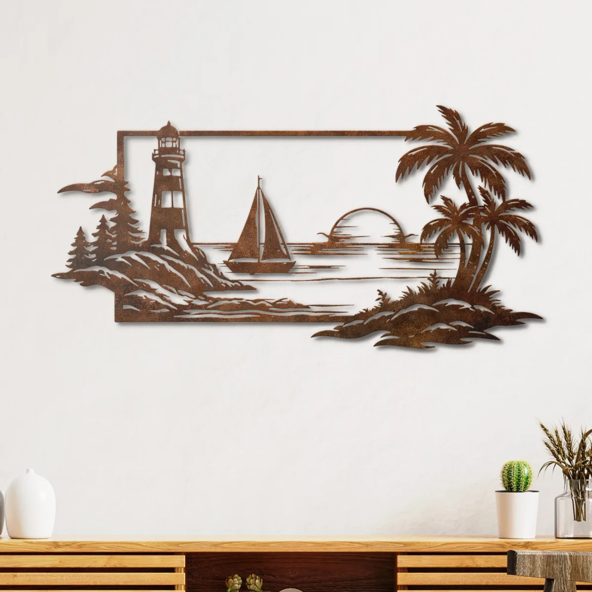 Coastal Lighthouse Sunset Metal Art Oversized Rustic Nautical Beach Decor Optional RGB LED Ocean Lover Gift Fabia Home Oversized metal wall decor featuring a sunset and serene ocean scene