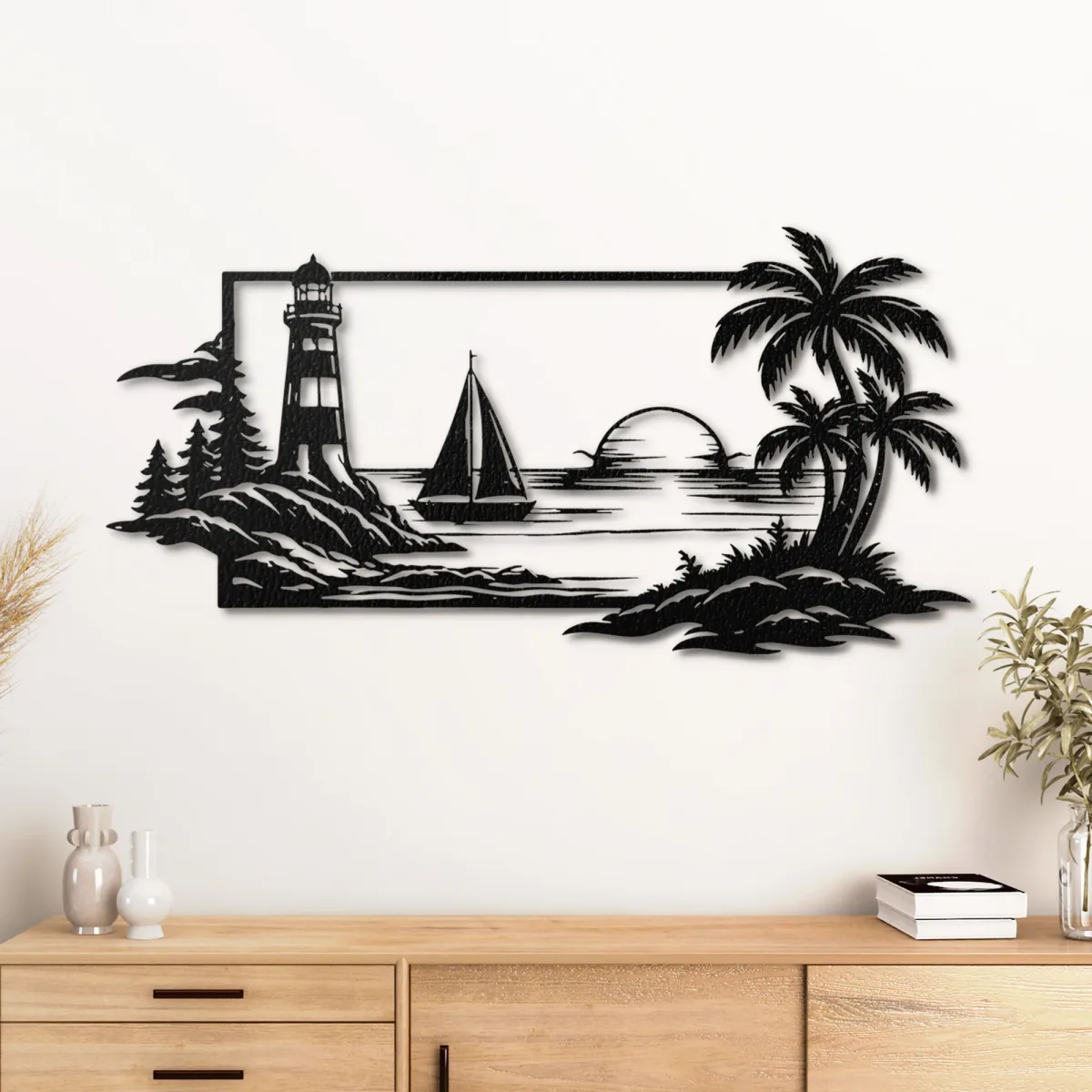 Coastal Lighthouse Sunset Metal Art Oversized Rustic Nautical Beach Decor Optional RGB LED Ocean Lover Gift Fabia Home Detailed rustic lighthouse and sailboat silhouette for beach homes