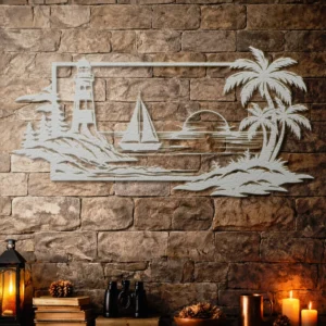 Coastal Lighthouse Sunset Metal Art, Oversized Rustic Nautical Beach Decor, Optional RGB LED, Ocean Lover Gift