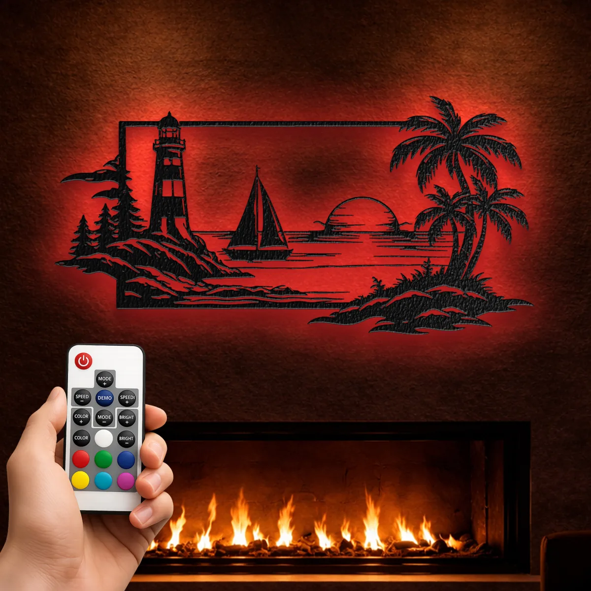 Coastal Lighthouse Sunset Metal Art Oversized Rustic Nautical Beach Decor Optional RGB LED Ocean Lover Gift Fabia Home Nautical themed metal sign with a lighthouse and sailing boat