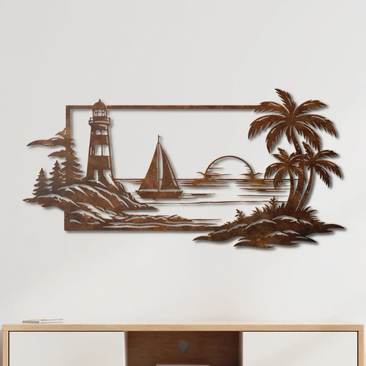 Coastal Lighthouse Sunset Metal Art Oversized Rustic Nautical Beach Decor Optional RGB LED Ocean Lover Gift Fabia Home Rustic metal wall hanging showcasing a beautiful ocean view