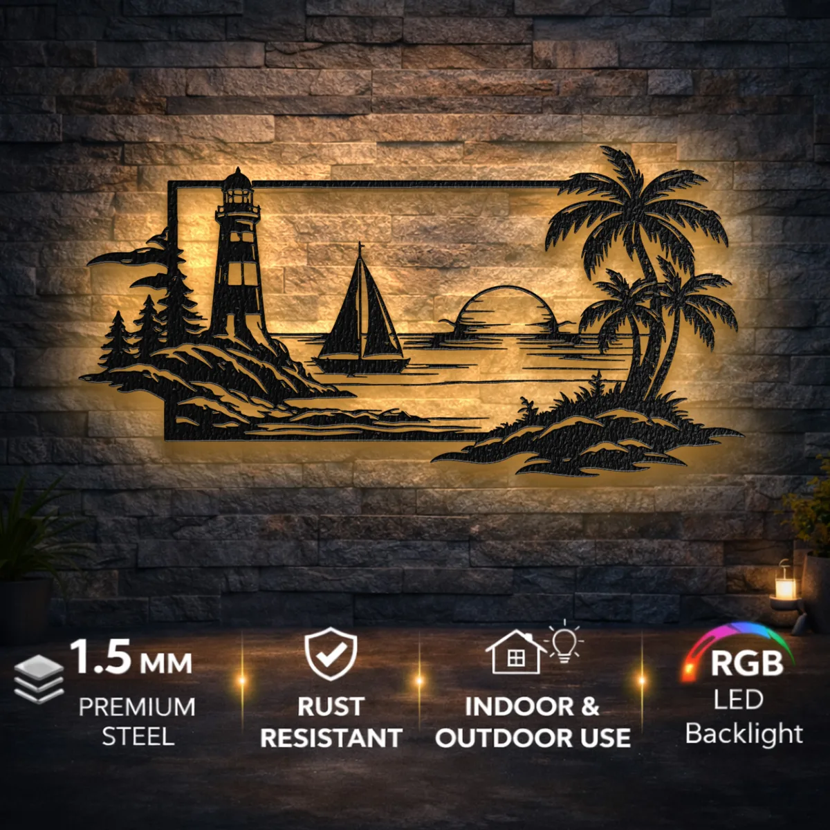 Coastal Lighthouse Sunset Metal Art Oversized Rustic Nautical Beach Decor Optional RGB LED Ocean Lover Gift Fabia Home Oversized coastal metal art perfect for ocean lovers