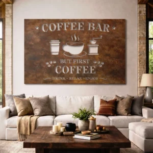Coffee Bar Metal Sign, Oversized Rustic Kitchen Decor, Optional LED Backlight, Coffee Lover Gift