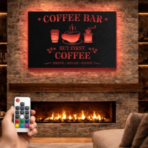 Coffee Bar Metal Sign, Oversized Rustic Kitchen Decor, Optional LED Backlight, Coffee Lover Gift
