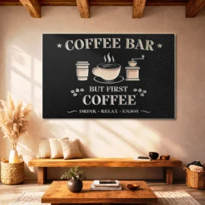 Coffee Bar Metal Sign, Oversized Rustic Kitchen Decor, Optional LED Backlight, Coffee Lover Gift