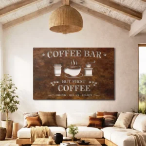 Coffee Bar Metal Sign, Oversized Rustic Kitchen Decor, Optional LED Backlight, Coffee Lover Gift