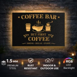 Coffee Bar Metal Sign, Oversized Rustic Kitchen Decor, Optional LED Backlight, Coffee Lover Gift