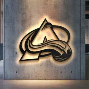 Black metal Colorado Avalanche logo wall art with bright LED backlighting.