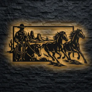 An oversized rustic metal wall art featuring a cowboy riding a horse with other horses running in a desert scene