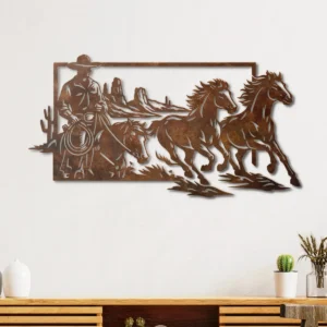 Cowboy Horse Riding Metal Art, Oversized Rustic Western Decor, Desert Landscape Wall Sign, Optional RGB LED, Rancher Gift