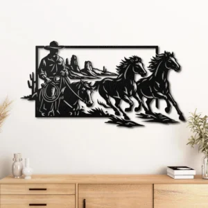 Cowboy Horse Riding Metal Art, Oversized Rustic Western Decor, Desert Landscape Wall Sign, Optional RGB LED, Rancher Gift