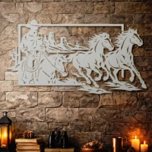 Cowboy Horse Riding Metal Art, Oversized Rustic Western Decor, Desert Landscape Wall Sign, Optional RGB LED, Rancher Gift
