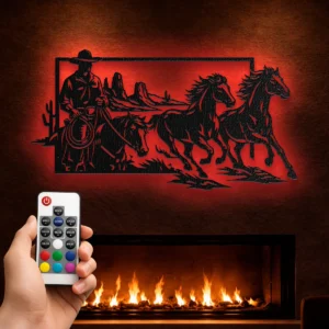 Cowboy Horse Riding Metal Art, Oversized Rustic Western Decor, Desert Landscape Wall Sign, Optional RGB LED, Rancher Gift