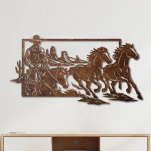 Cowboy Horse Riding Metal Art, Oversized Rustic Western Decor, Desert Landscape Wall Sign, Optional RGB LED, Rancher Gift