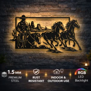 Cowboy Horse Riding Metal Art, Oversized Rustic Western Decor, Desert Landscape Wall Sign, Optional RGB LED, Rancher Gift